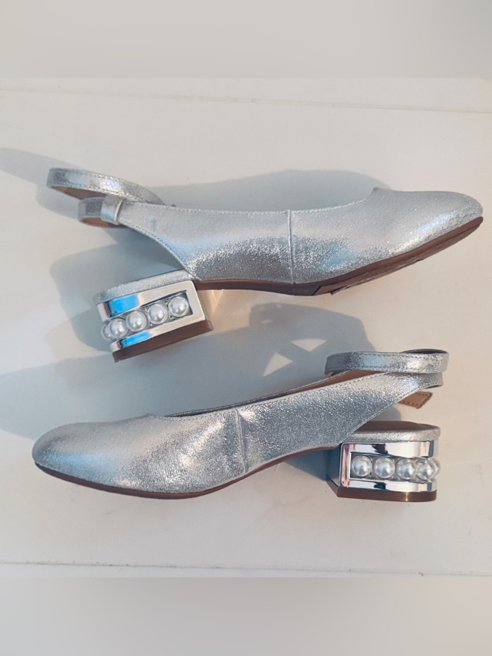 Silver Slingback Low Heel Dress Shoes with Decorative Pearls